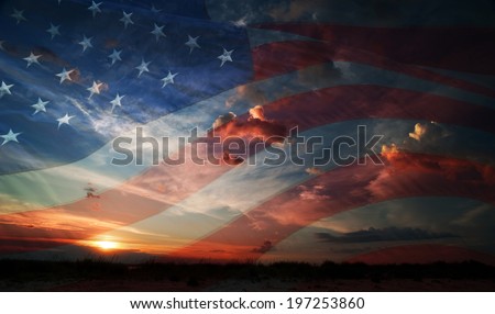 flag usa on the background of sunrise Royalty-Free Stock Photo #197253860