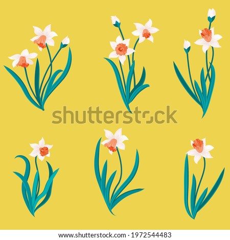 Set with narcissus bouquets. Floral arrangements in small garden flowers of columbine. Use for textile design, wallpaper, covers, surface, print, gift wrap, scrapbooking, decoupage