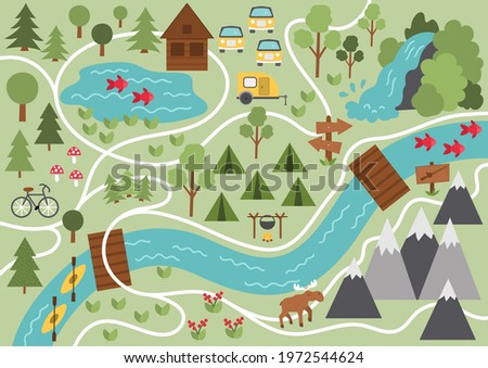 Camping map. Summer camp background. Vector nature clip art or infographic elements with mountains, waterfall, trees, forest, moose, river. Hiking, trekking or campfire plan. 
