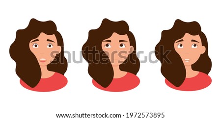 Girl emotions set. Joy, thoughtfulness, surprise. Flat cartoon style vector illustration.