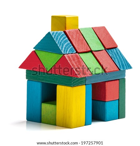 house toy blocks isolated white background, little wooden home  Royalty-Free Stock Photo #197257901