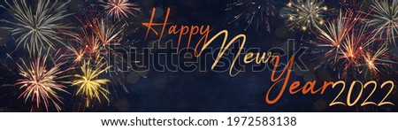 HAPPY NEW YEAR 2022 background banner panorama greeting card - Colorful firework on dark blue night sky