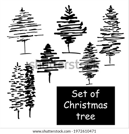 Set of Christmas trees vector illustration. Black tree doodles isolated on white background. Hand draw illustration