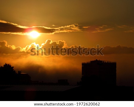 Sunrise with silhouettes of buildings. Coruña, Galicia, Spain