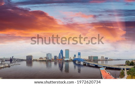 Amazing sunset aerial skyline of Jacksonville, FL.