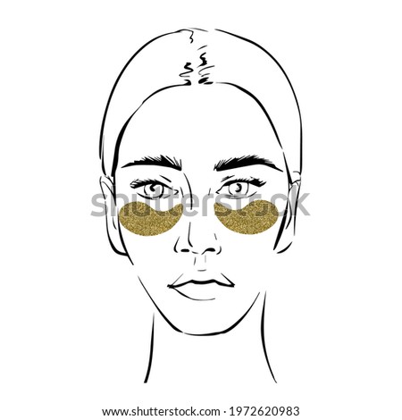 Illustration of a woman in black line with gold eye patches isolated on white background