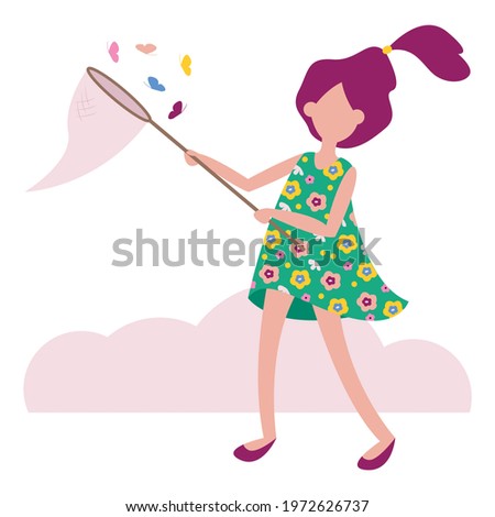 A girl in a beautiful green dress catches colorful butterflies with a net isolated. Concept - happy childhood and summer holidays