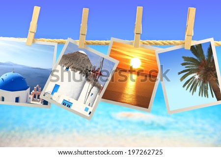 Photos of Greece hanging on a rope in front of the sea. Travel concept