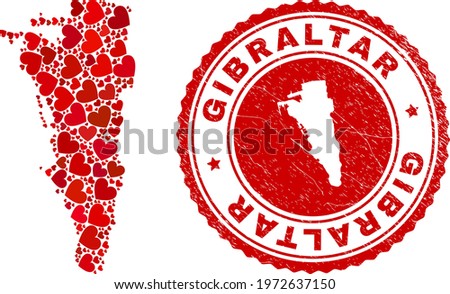 Mosaic Gibraltar map created with red love hearts, and rubber stamp. Vector lovely round red rubber stamp imprint with Gibraltar map inside.