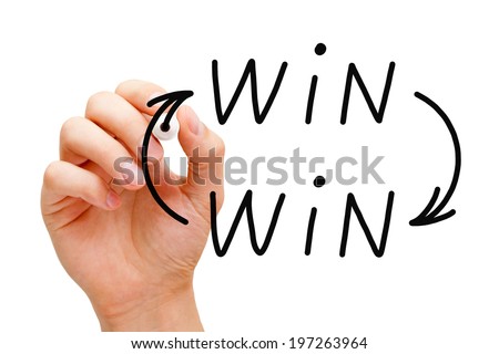 Hand drawing Win Win situation concept with black marker on transparent wipe board. Royalty-Free Stock Photo #197263964