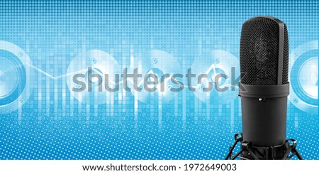 Professional studio microphone recording voice with audio waveform signal, recording studio.