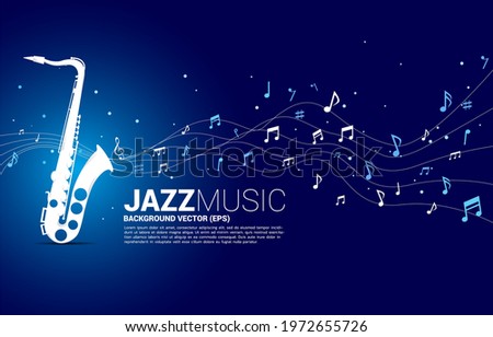 Vector music melody note dancing flow from saxophone . Concept background for jazz song and concert theme.