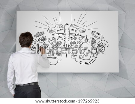 Businessman drawing vacation placard.