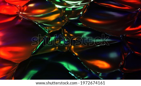 Tracery waves night neon background. Green 3d render flash orange abstract futuristic liquid with crimson red highlights of setting sun. Bright ripples blue energy with magical flow.