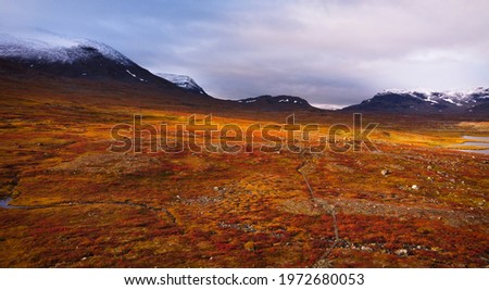 A picture taken with a drone of Kungsleden trail between Abiskojaure and Tjaktja, stupendous autumn colors, September 2020.