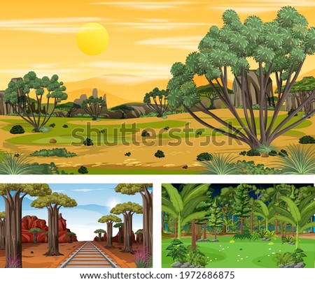Set of savanna forest in different times horizontal scenes illustration