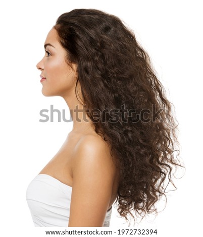 Black Curly Hair Latin Model Profile Side View Isolated White Background. Beauty Woman Afro Curls Hairstyle. Brunette Girl with Long Wavy Hair