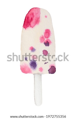 Milk fruit ice cream on stick isolated on white background. Watercolor hand drawn ice cream with berries.