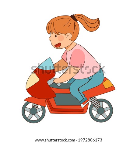 Redhead Girl with Ponytail Riding Motorcycle Enjoying Outdoor Activity Vector Illustration
