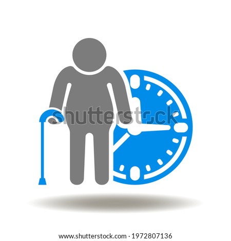 Elderly pensioner with clock vector illustration. Retirement symbol. Pension icon.