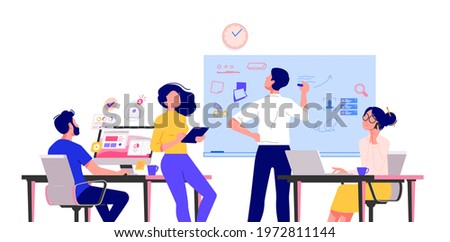 Business people characters working in the office. Minimal co-working space. Group of working office employees. Startup vector illustration. Team project, brainstorm, teamwork process during quarantine Royalty-Free Stock Photo #1972811144