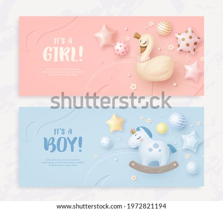Set of baby shower invitation with cartoon swan, horse, helium balloons and flowers on blue and pink background. It's a boy. It's a girl. Vector illustration