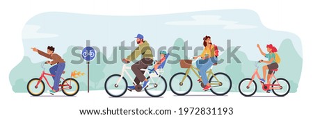 Happy Family Characters Riding Bikes. Dad, Son, Mom and Daughter Training, Healthy Lifestyle, Outdoors Sport Activity. Father, Mother and Kids Exercising, Track. Cartoon People Vector Illustration