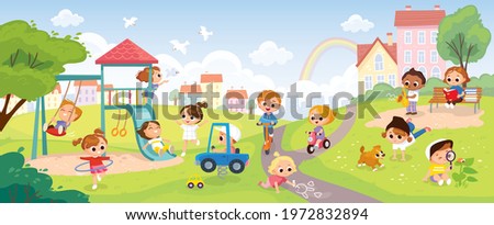 Children playing in the park. Playground with kids. Group of kids playing on playground spending time in games, having fun, fooling around. Summer activities. School yard with kids. Summer background.