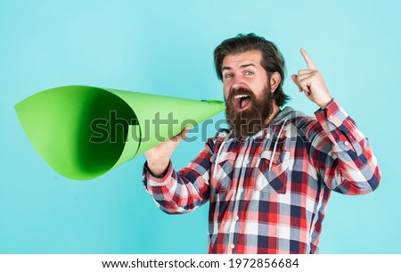Freedom of press. Activist speaks at rally. Make it heard. oratory and rhetoric. mature crazy mad man pose with megaphone. announcement concept. stop being silent. hipster screaming in the megaphon Royalty-Free Stock Photo #1972856684