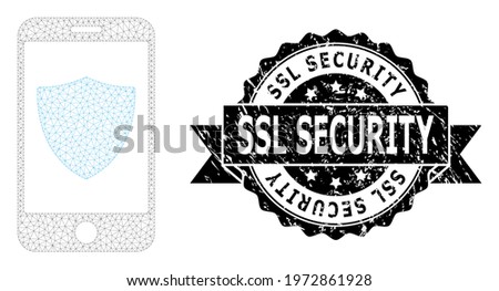 SSL Security textured stamp seal and vector smartphone shield mesh model. Black stamp seal includes SSL Security tag inside ribbon and rosette. Abstract flat mesh smartphone shield,