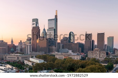 Philadelphia Skyline with Business District Area. Beautiful Morning Sunlight and Sky.