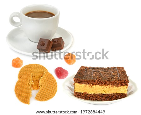 Cup of coffee, cake, waffles and candies isolated on white background. Collage. Free space for text.