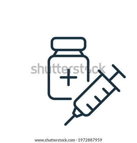 Coronavirus Vaccine line icon. Syringe with Bottle. Vaccine Against Covid. Syringe and Vaccine Vial flat line icon. Treatment for Coronavirus Covid-19. Editable stroke. Vector illustration. Royalty-Free Stock Photo #1972887959