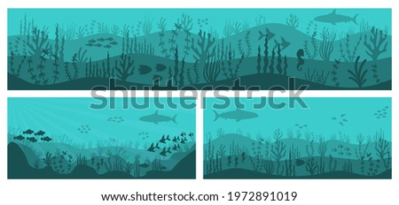 Silhouette of coral reef with fish and scuba diver on a blue sea background. Sea underwater background. Deep blue water, coral reef and underwater plants with fish. 