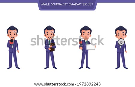 Vector cartoon illustration of male journalist character set on white background.
