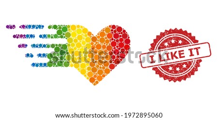 Valentine heart collage icon of spheric blots in variable sizes and LGBT bright color hues, and I Like It dirty rosette stamp seal. A dotted LGBT-colored Valentine heart for lesbians, gays,