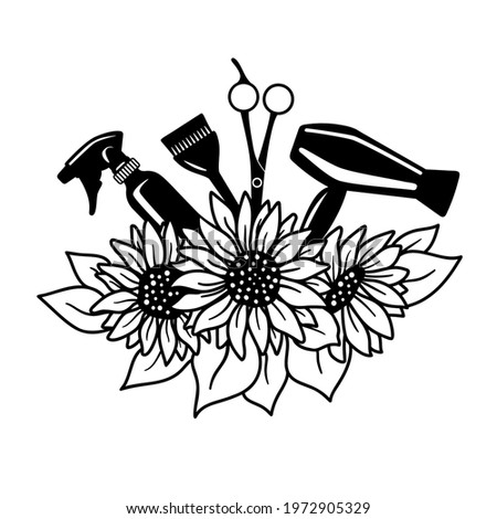 Hairdresser tools with a bouquet of sunflower flowers. Logo for the salon. Vector illustration for stylist. Royalty-Free Stock Photo #1972905329