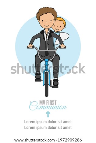 My first communion card. Boy and angel on bicycle