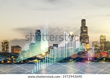 Double exposure of virtual creative financial diagram on Chicago office buildings background, banking and accounting concept