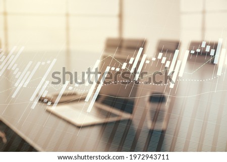 Multi exposure of abstract financial diagram on computer background, banking and accounting concept