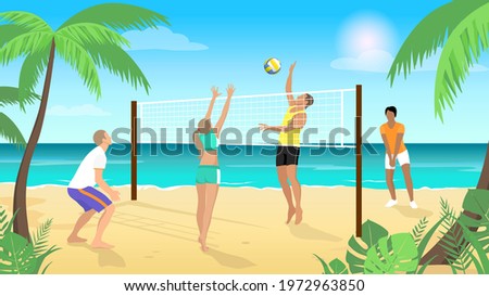 Beach volleyball. People play volleyball on the beach against the azure sea. Vector illustration.