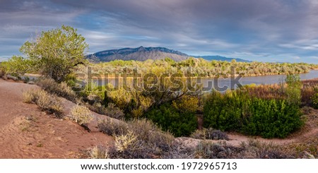 Panorama of Sandia Mountains, Bosque, and Rio Grande from Rio Rancho Bosque Preserve - Albuquerque  Royalty-Free Stock Photo #1972965713