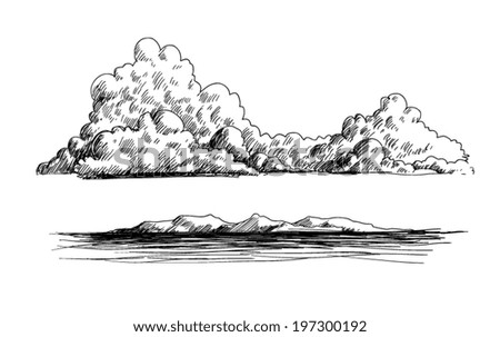 clouds, mountains and ocean doodle illustration