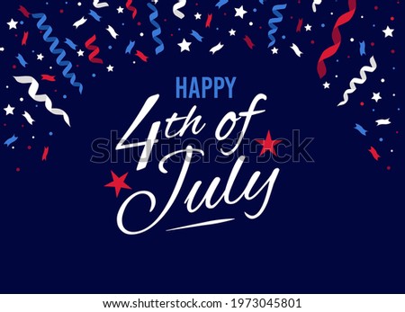 Happy 4th of July greeting card design template with red, white and blue confetti and stars. USA Independence day banner, poster, invitation vector illustration. Fourth of July American background