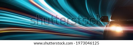 Front of the car with motion lighting background, EV car concept, Banner size Royalty-Free Stock Photo #1973046125