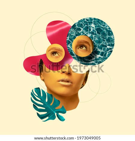 Female beauty portrait divided on pastel background. Modern design, contemporary art collage. Inspiration, idea, trendy urban magazine style. Negative space to insert your text or ad. Surrealism.