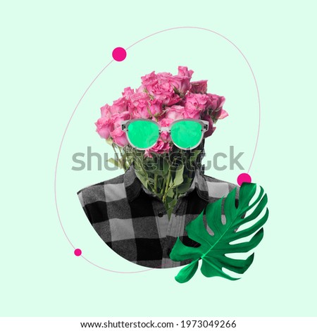 Flower bouquet like man, hipster on pastel background. Modern design, contemporary art collage. Inspiration, idea, trendy urban magazine style. Negative space to insert your text or ad. Surrealism.