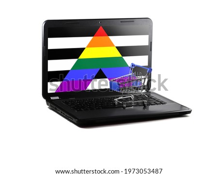 Isolated on white background laptop with Straight ally flag on display, online shopping sale concept