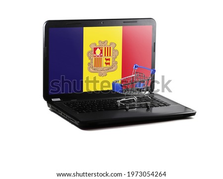 Isolated on white background laptop with Andorra flag on display, online shopping sale concept