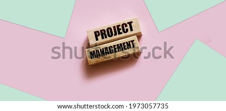 Projects Management is written on wooden blocks on a pink background. Business concept